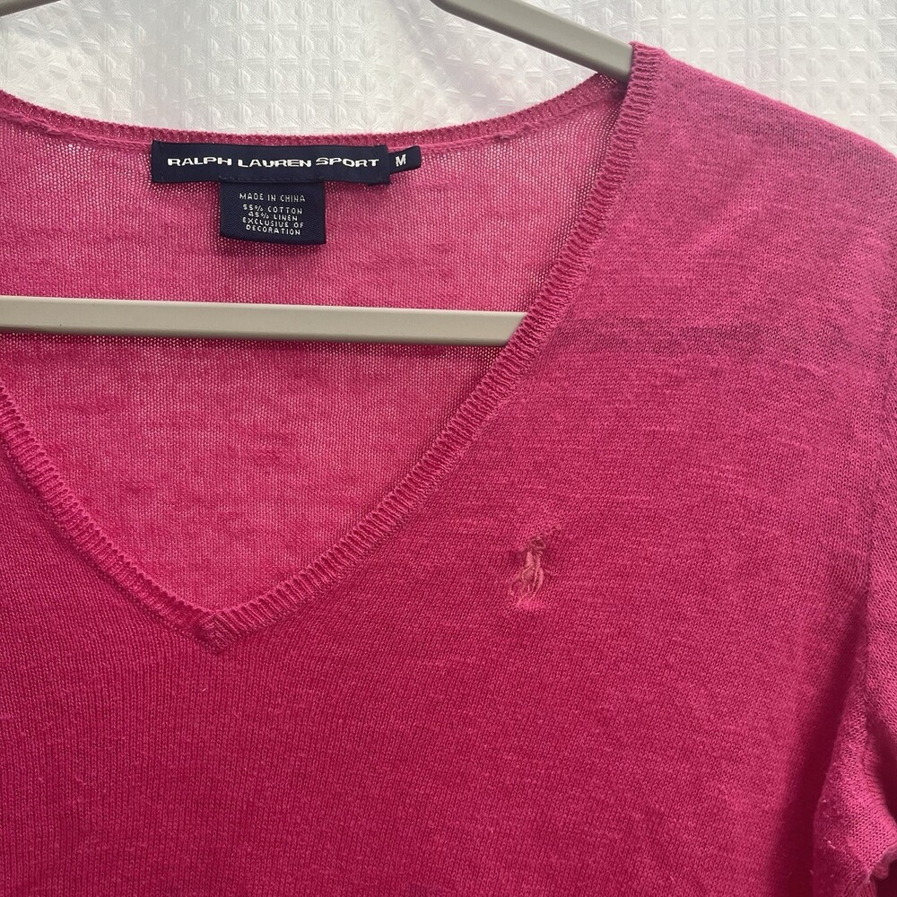 Ralph Lauren Sport Pink Linen Blend V Neck Sweater Golf Tennis Medium Pony - Picture 2 of 9